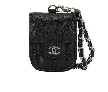 Chanel Airpods Case Flap Bag, £850, Accessories, Black, Caviar Leather, Front view